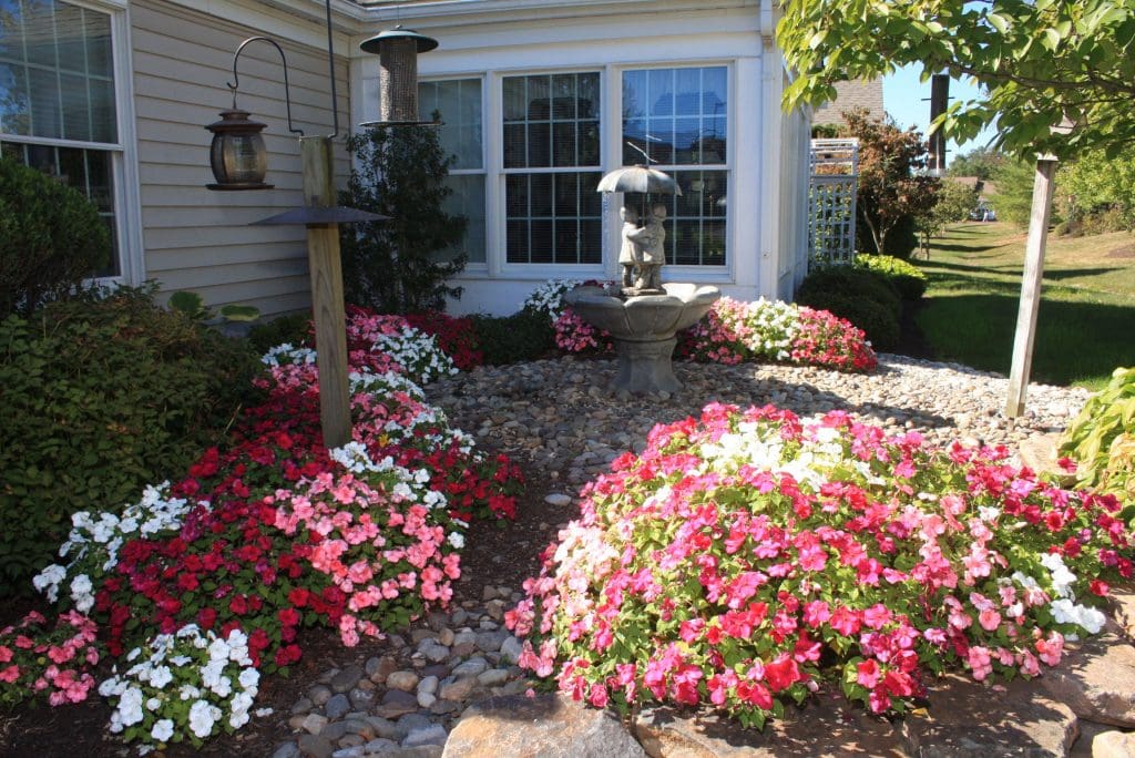 Bird Bath and flower bed outside of Peter Becker Community