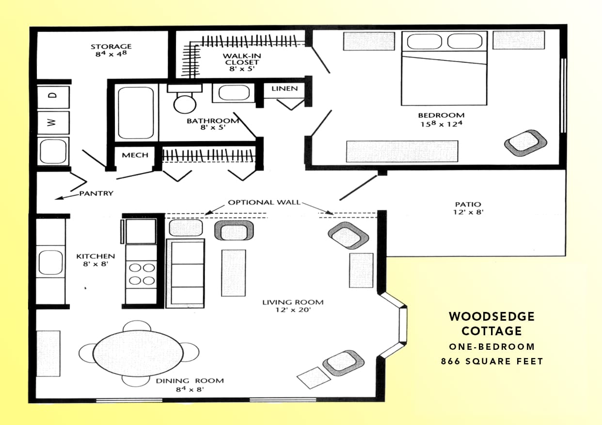 One Bedroom Cottage Floor Plan at Woodsedge Cottages
